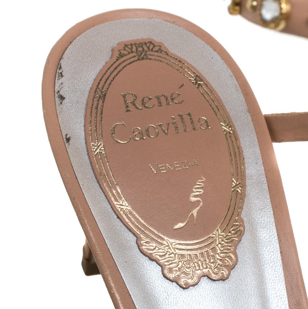 René Caovilla Beige Leather Crystal Embellished Ankle Wrap Sandals Size 39 2