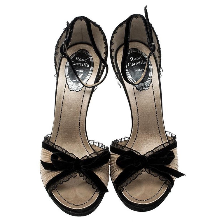 Renè Caovilla Beige Pleated Fabric Bow Detail Ankle Strap Sandals Size ...