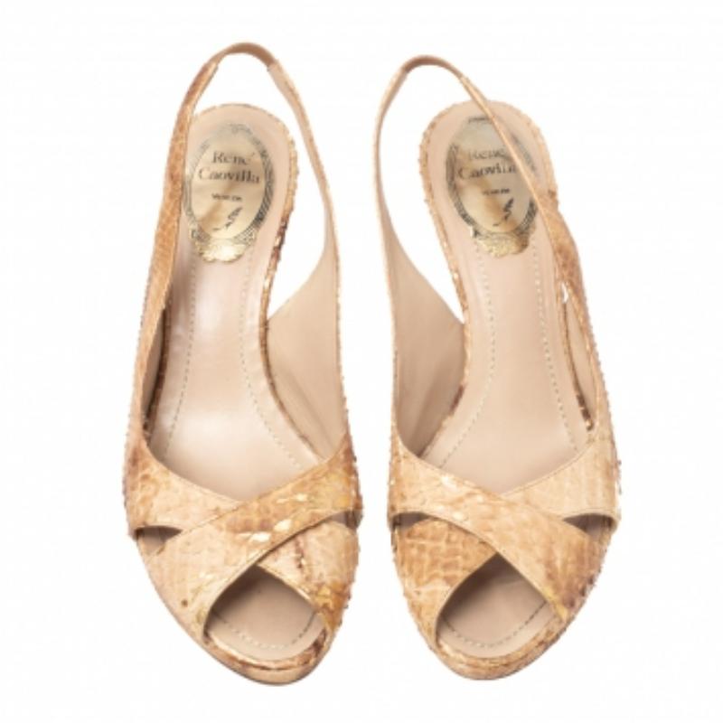 René Caovilla Sandalias con plataforma entrecruzada de pitón beige talla 38 en venta 3