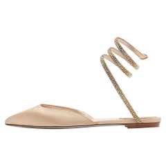 René Caovilla Beige Satin Ankle Wrap Flats Size 38