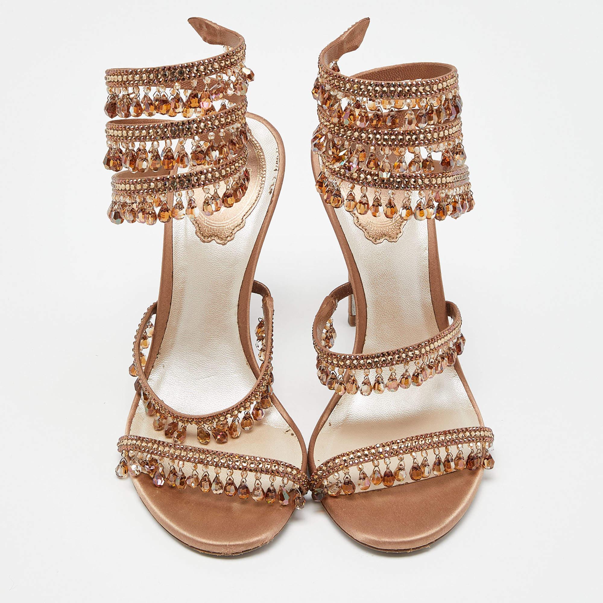 Rene Caovilla Beige Satin Crystal Embellished Chandelier Ankle Wrap Sandals  1