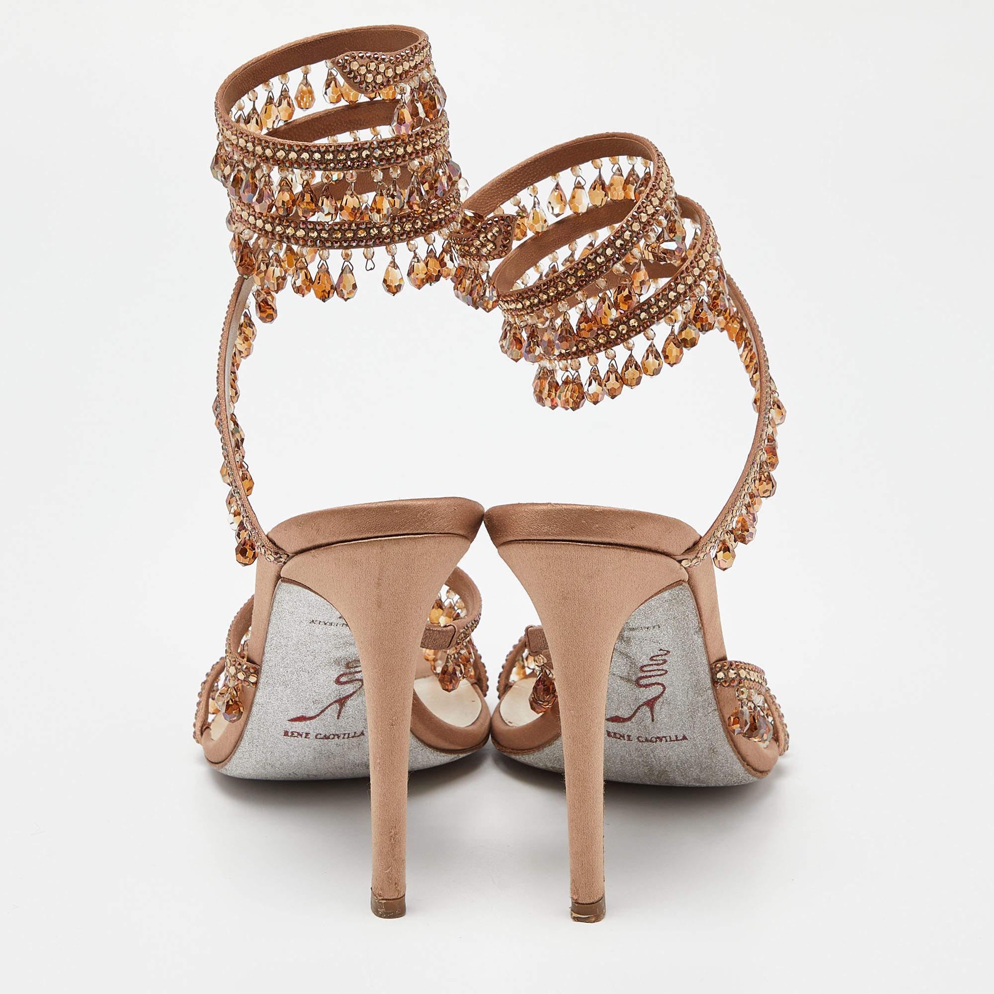 Rene Caovilla Beige Satin Crystal Embellished Chandelier Ankle Wrap Sandals  3