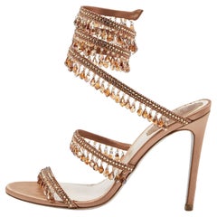 Rene Caovilla Beige Satin Crystal Embellished Chandelier Ankle Wrap Sandals 