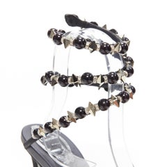 RENE CAOVILLA black bead crystal silver spike stud wrap ankle heel sandals EU39