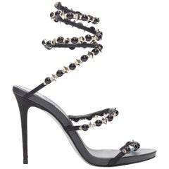 RENE CAOVILLA black bead crystal silver spike stud wrap ankle heel sandals EU39