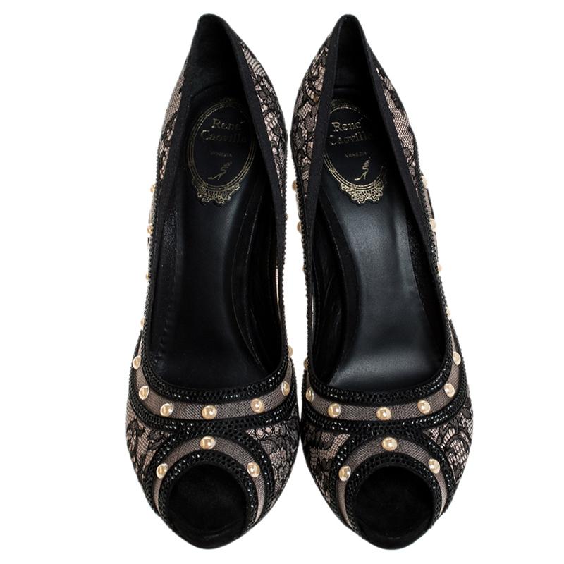 René Caovilla Black/Beige Lace, Satin & Mesh Crystal & Pearl Strass Pump Size 41 In New Condition In Dubai, Al Qouz 2