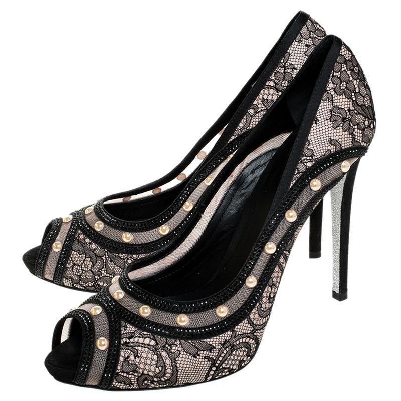 René Caovilla Black/Beige Lace, Satin & Mesh Crystal & Pearl Strass Pump Size 41 1