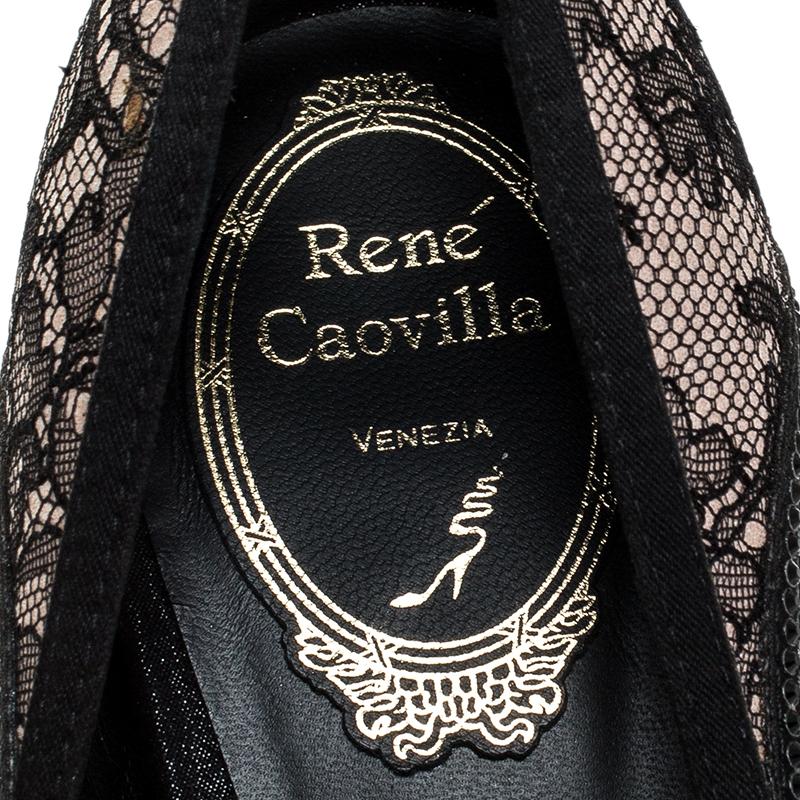 René Caovilla Black/Beige Lace, Satin & Mesh Crystal & Pearl Strass Pump Size 41 2