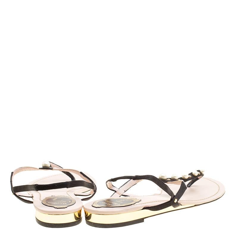 René Caovilla Black/Beige Satin Pearl Detail Flat Sandals Size 37 1