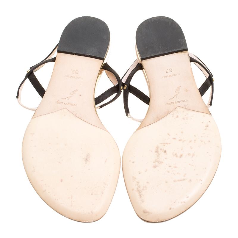 René Caovilla Black/Beige Satin Pearl Detail Flat Sandals Size 37 2