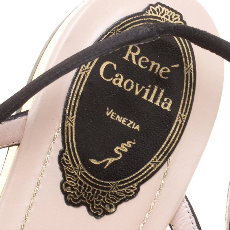 René Caovilla Black/Beige Satin Pearl Detail Flat Sandals Size 37 3