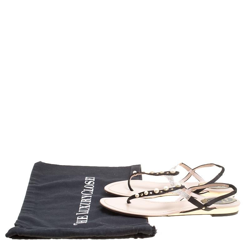 René Caovilla Black/Beige Satin Pearl Detail Flat Sandals Size 37 4