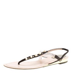 René Caovilla Black/Beige Satin Pearl Detail Flat Sandals Size 37