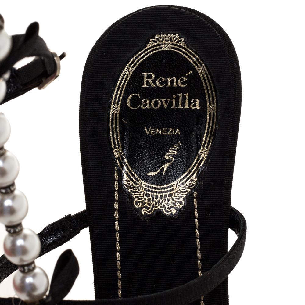 Women's Rene Caovilla Black Canvas Pearl T Strap Sandals Size 37