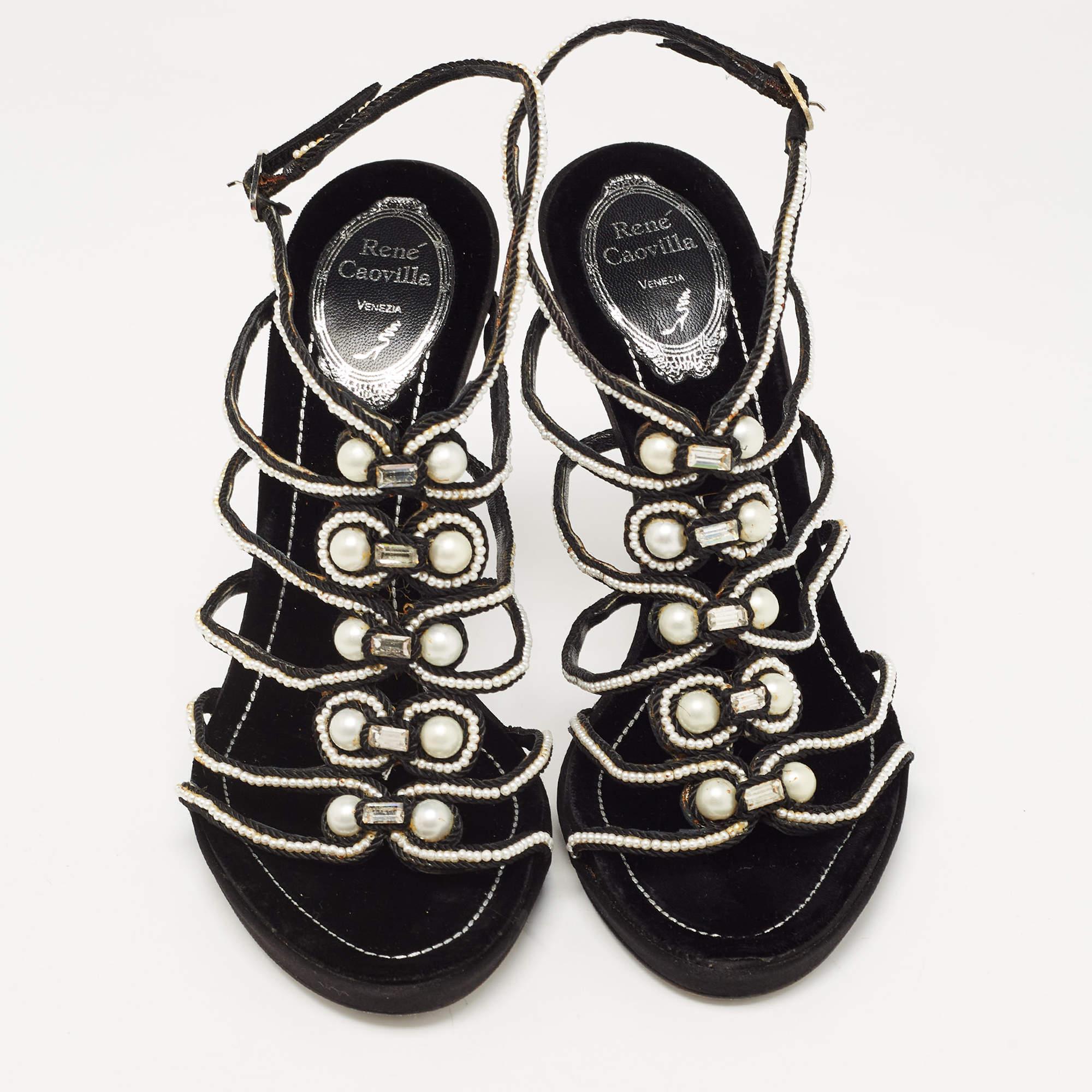 René Caovilla Black Cord Embellished Pearl Slingback Sandals Size 39 In Excellent Condition In Dubai, Al Qouz 2