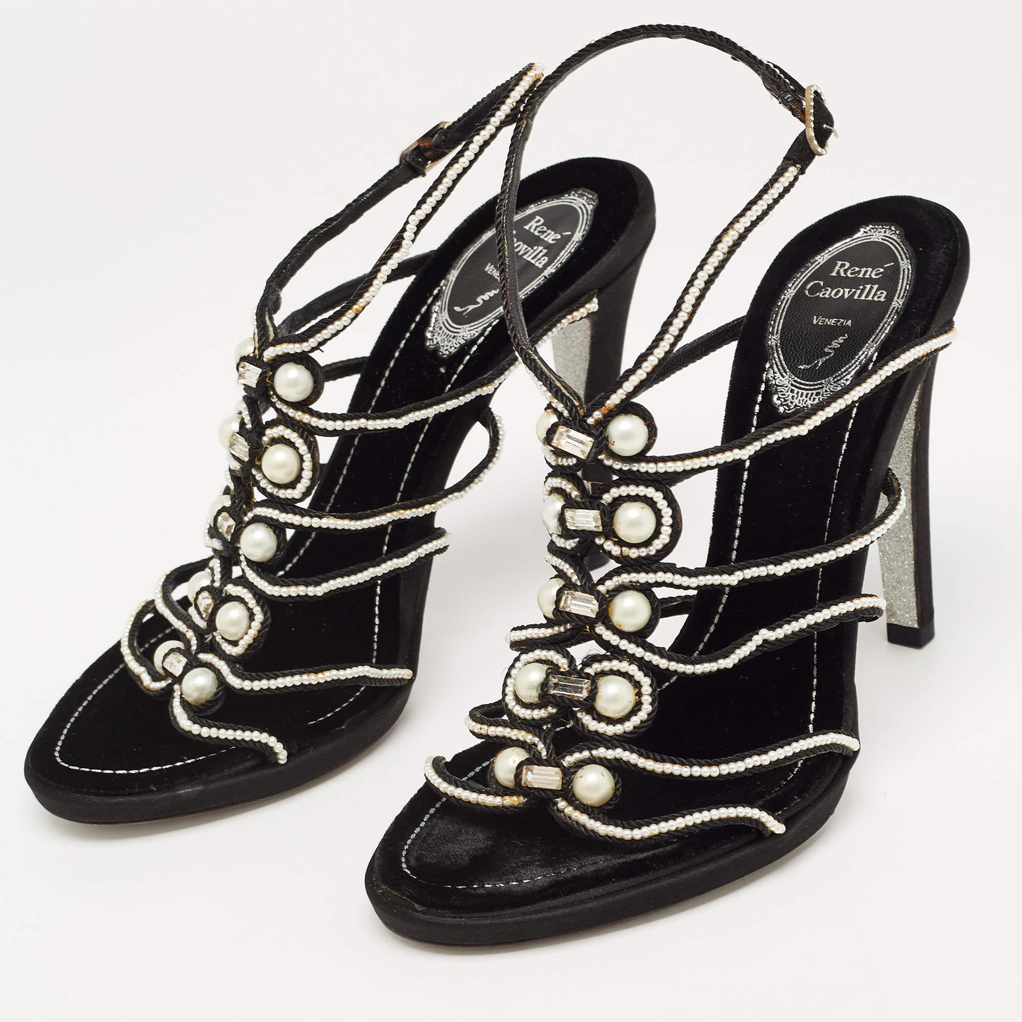 Women's René Caovilla Black Cord Embellished Pearl Slingback Sandals Size 39