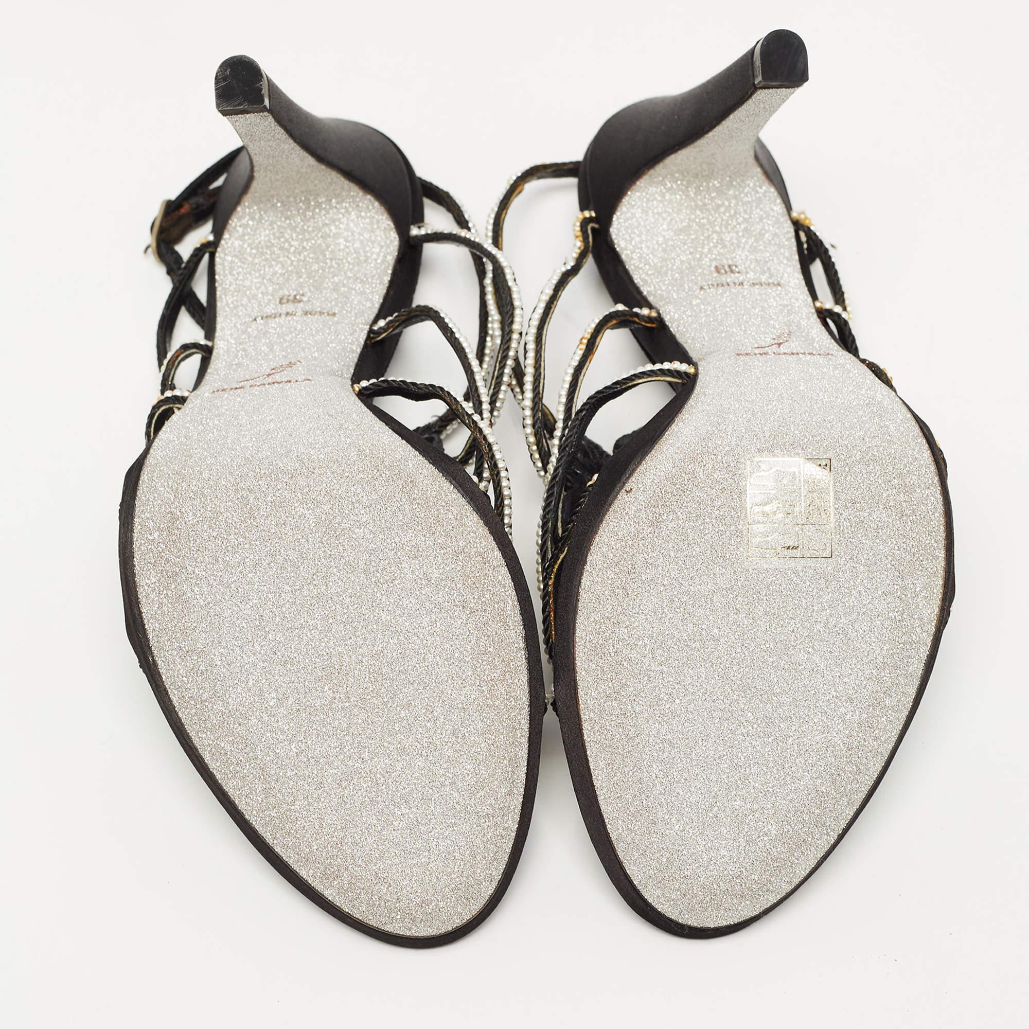 René Caovilla Black Cord Embellished Pearl Slingback Sandals Size 39 3