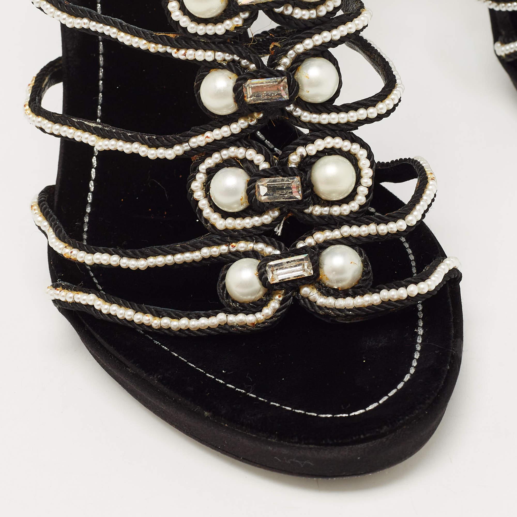 René Caovilla Black Cord Embellished Pearl Slingback Sandals Size 39 4