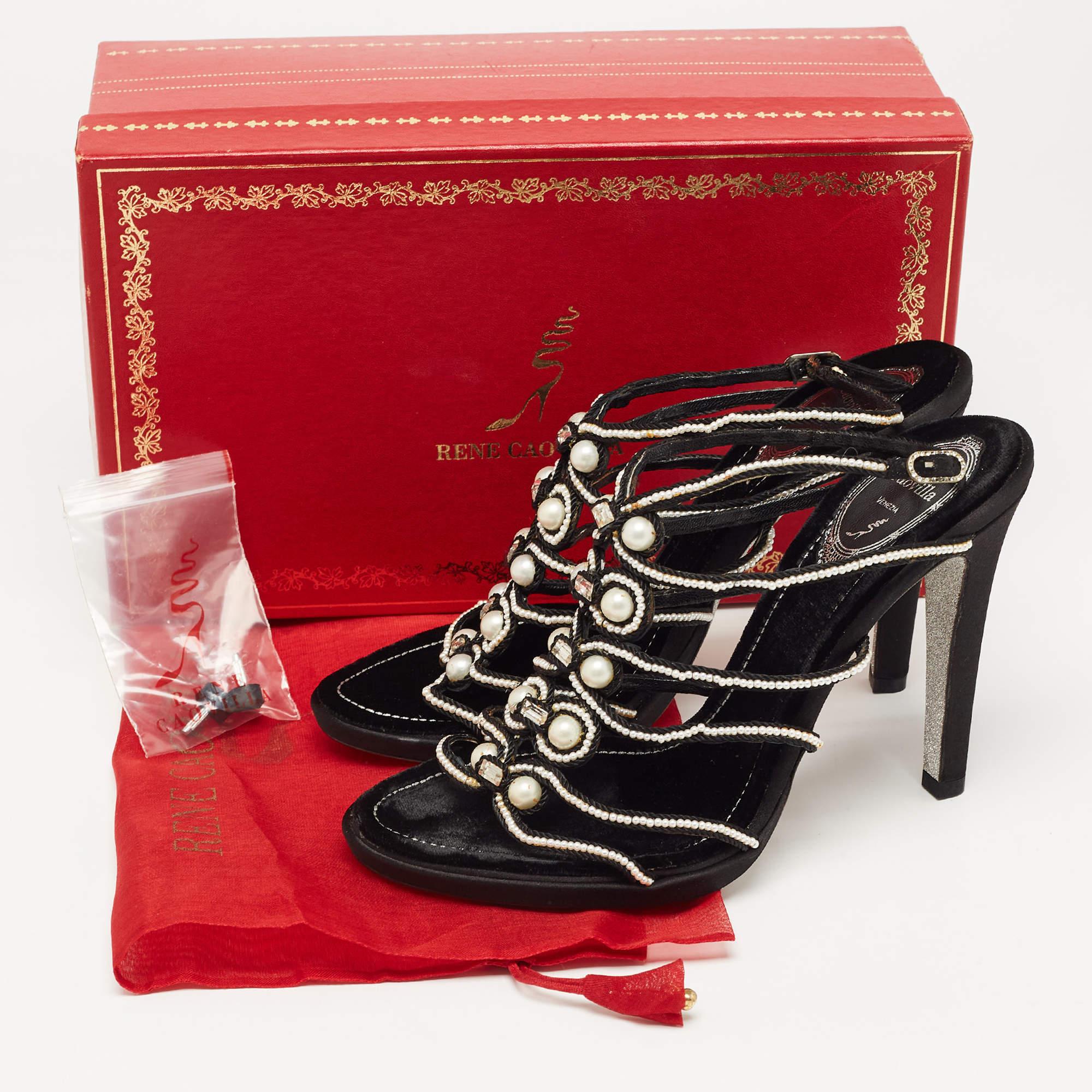 René Caovilla Black Cord Embellished Pearl Slingback Sandals Size 39 5