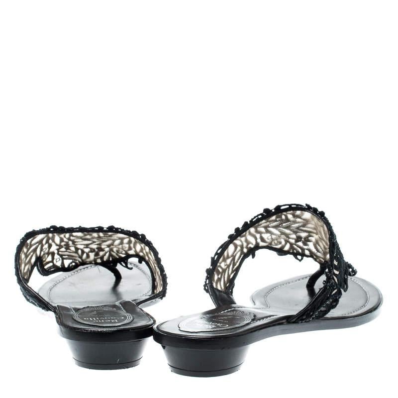 Rene Caovilla Black Crystal Embellished Lace And Leather Flat Thong Sandals Size For Sale 1