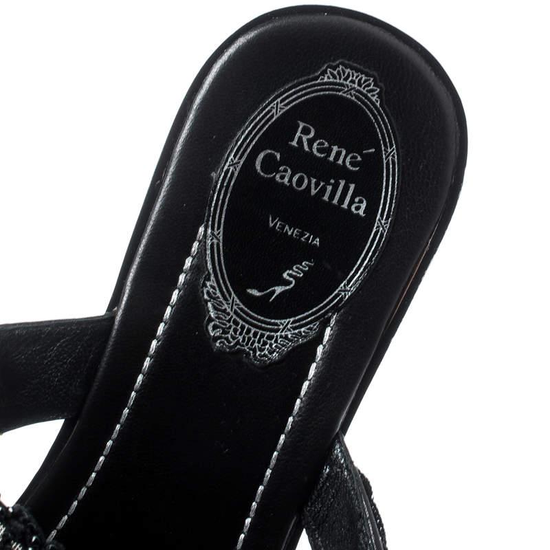 Rene Caovilla Black Crystal Embellished Lace And Leather Flat Thong Sandals Size For Sale 2