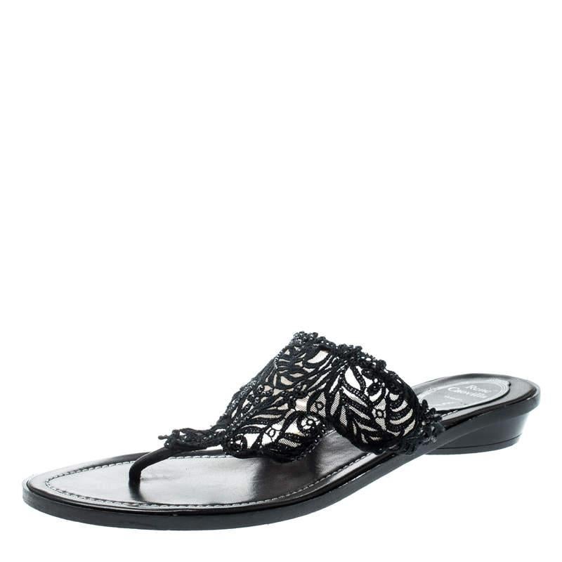 Rene Caovilla Black Crystal Embellished Lace And Leather Flat Thong Sandals Size For Sale 3