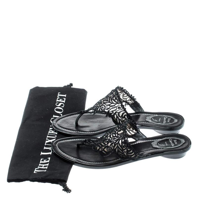 Rene Caovilla Black Crystal Embellished Lace And Leather Flat Thong Sandals Size For Sale 4
