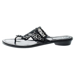 Rene Caovilla Black Crystal Embellished Lace And Leather Flat Thong Sandals Size