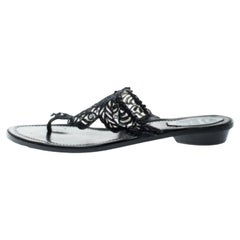 Rene Caovilla Black Crystal Embellished Lace Leather Flat Thong Sandals Size 39