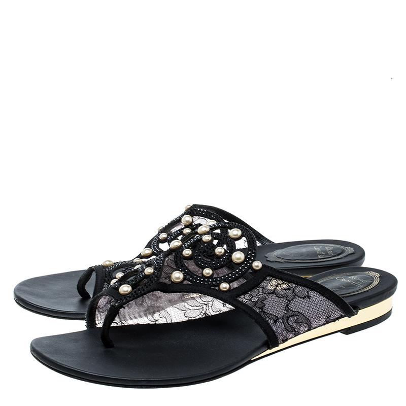 Women's René Caovilla Black Embellished Lace and Satin Flat Sandals Size 38
