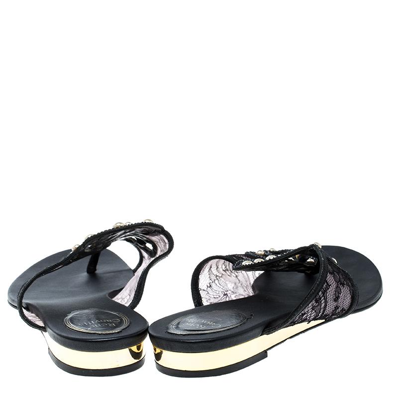 René Caovilla Black Embellished Lace and Satin Flat Sandals Size 38 1