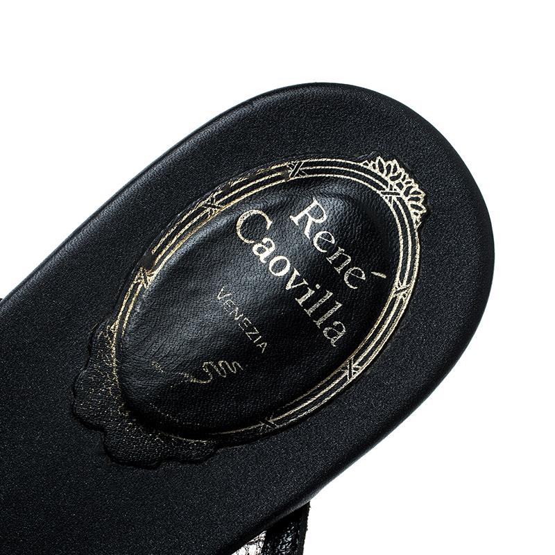 René Caovilla Black Embellished Lace and Satin Flat Sandals Size 38 3