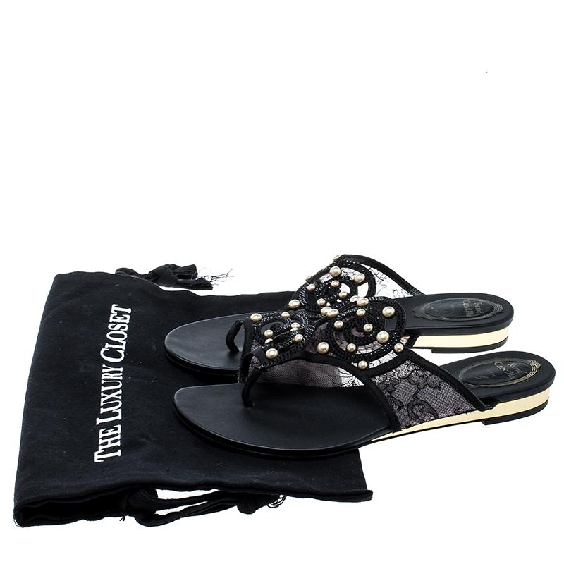 René Caovilla Black Embellished Lace and Satin Flat Sandals Size 38 4