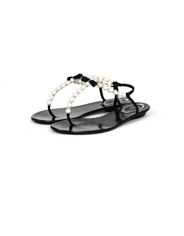 Rene Caovilla Black Faux Pearl and Crystal Embellished Thong Sandals sz ...
