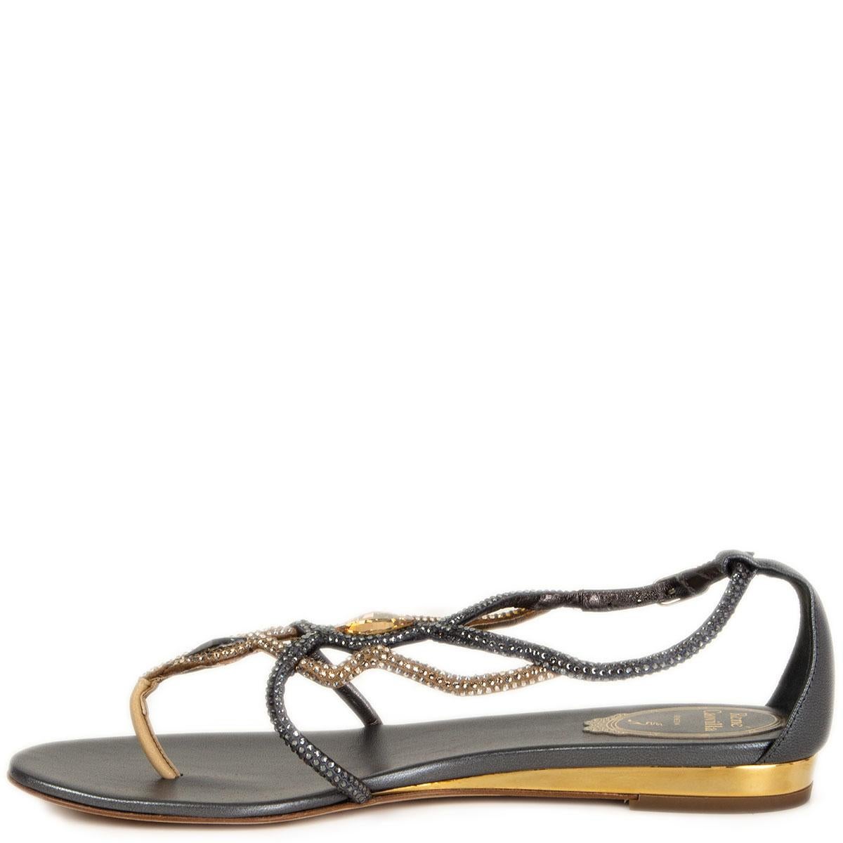 RENE CAOVILLA schwarz-goldene flache Sandalen mit RHINESTONE-Verzierung, Schuhe 36,5 (Grau) im Angebot