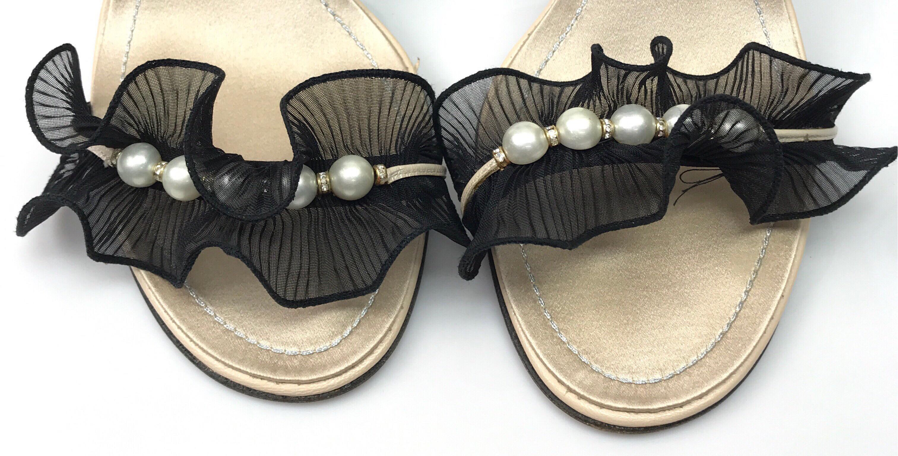 Black Rene Caovilla black heel w/ ruffle & pearl detail on toe strap-39