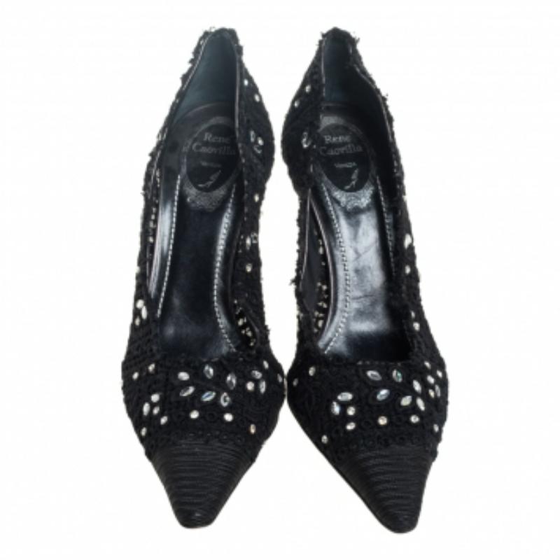 Women's René Caovilla Black Lace And Canvas Crystal Embellished Pumps Size 40 For Sale