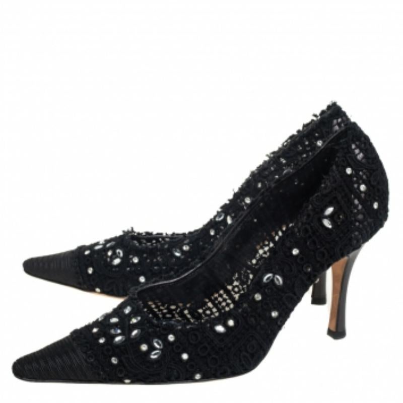 René Caovilla Black Lace And Canvas Crystal Embellished Pumps Size 40 For Sale 3