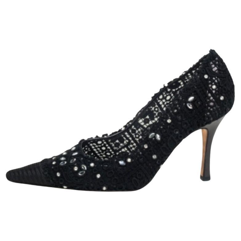 René Caovilla Black Lace And Canvas Crystal Embellished Pumps Size 40 For Sale
