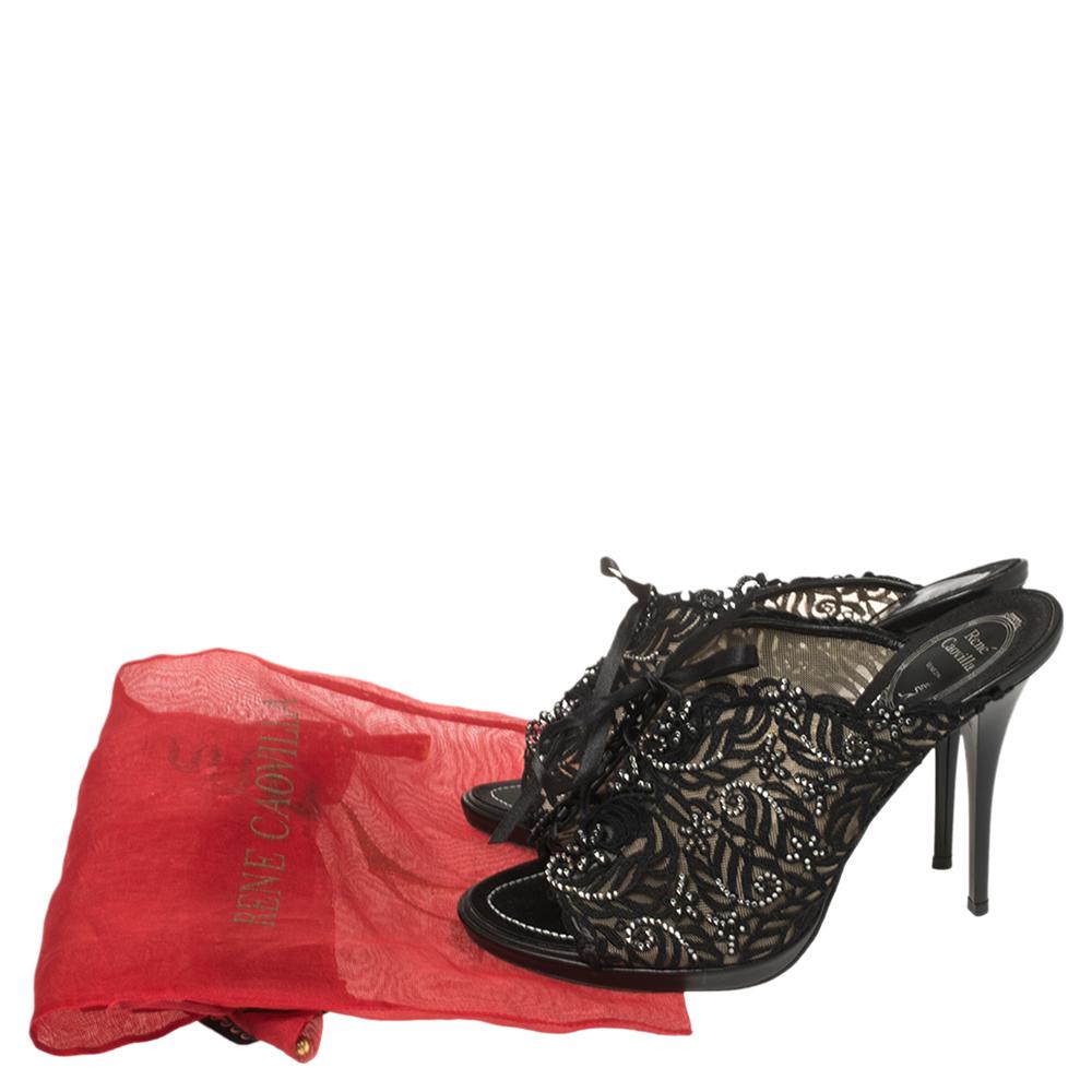 Women's René Caovilla Black Lace Crystal Embellished Slide Sandals Size 38.5