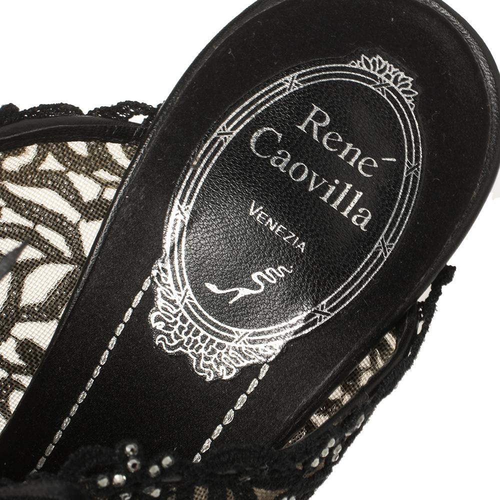 René Caovilla Black Lace Crystal Embellished Slide Sandals Size 38.5 In Good Condition In Dubai, Al Qouz 2