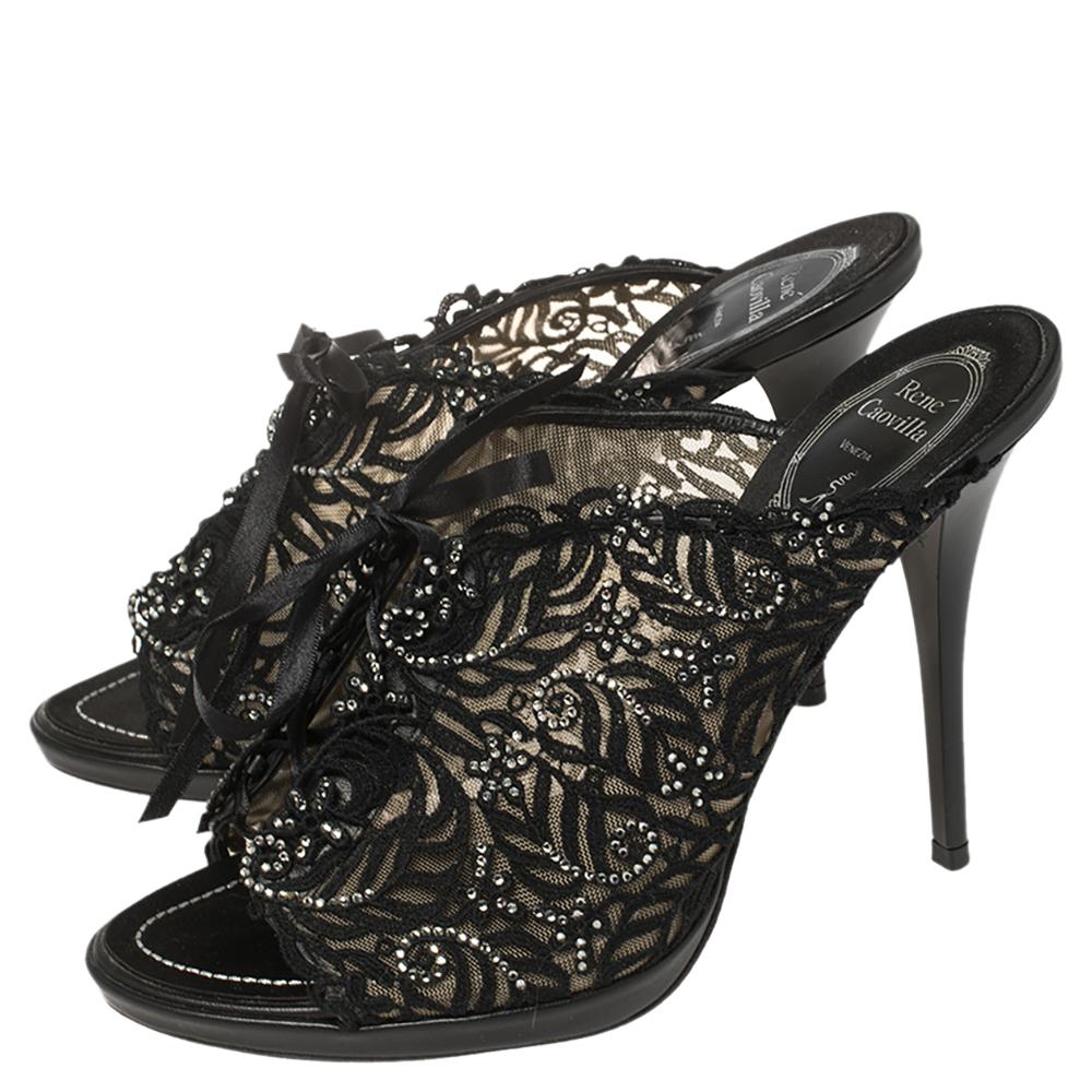 Women's René Caovilla Black Lace Crystal Embellished Slide Sandals Size 38.5