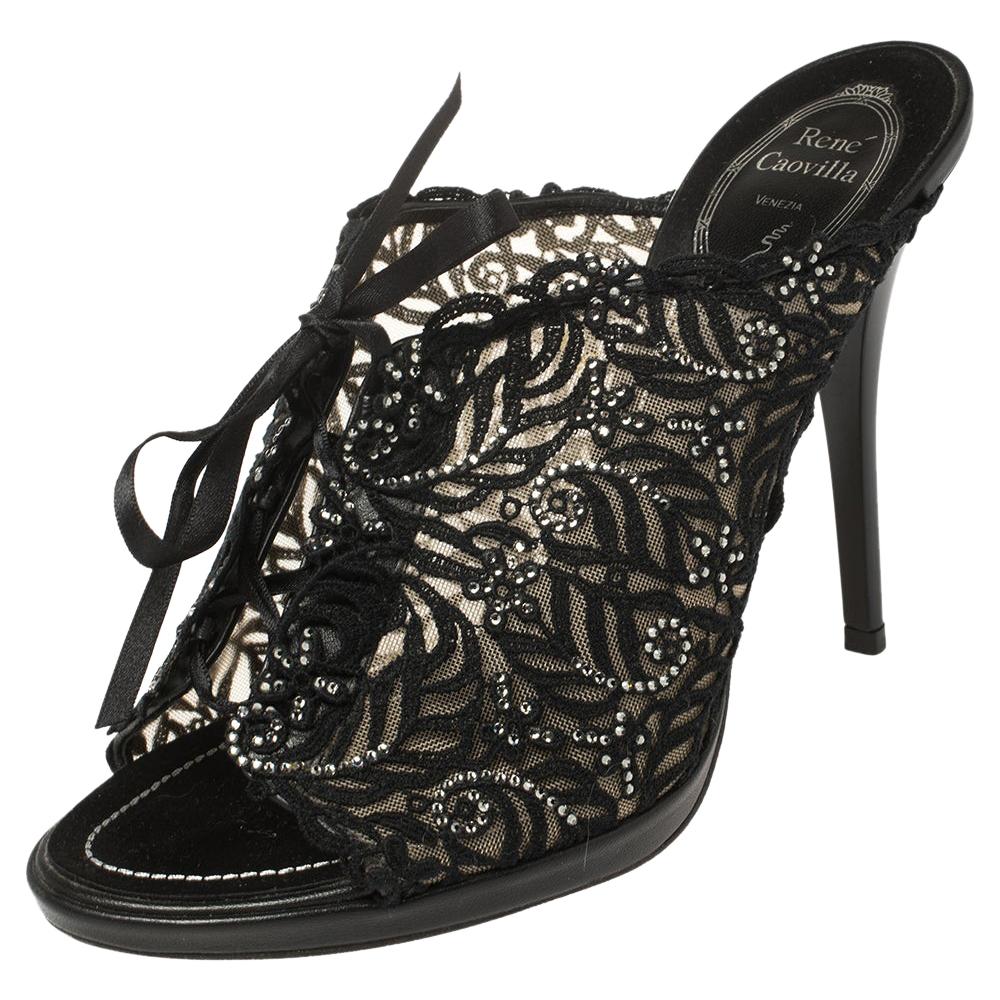 René Caovilla Black Lace Crystal Embellished Slide Sandals Size 38.5