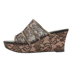 René Caovilla Black Lace Crystal Embellished Wedge Sandals Size 41