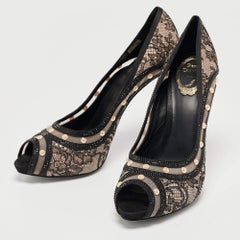 René Caovilla Schwarz Spitze Perlen verschönert Plattform Peep Toe Pumps Größe 41