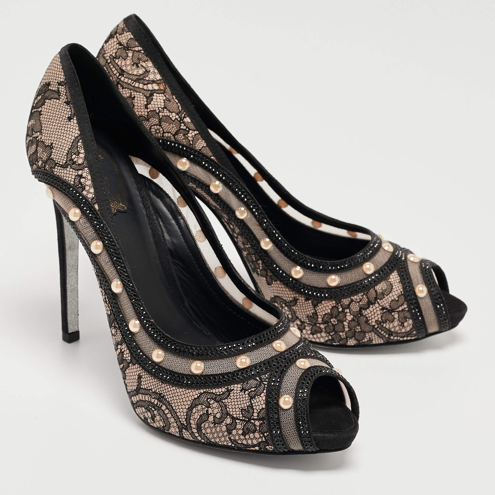 René Caovilla Noir Dentelle Perles Embellies Plateforme Peep Toe Pompes Taille 41 Pour femmes en vente