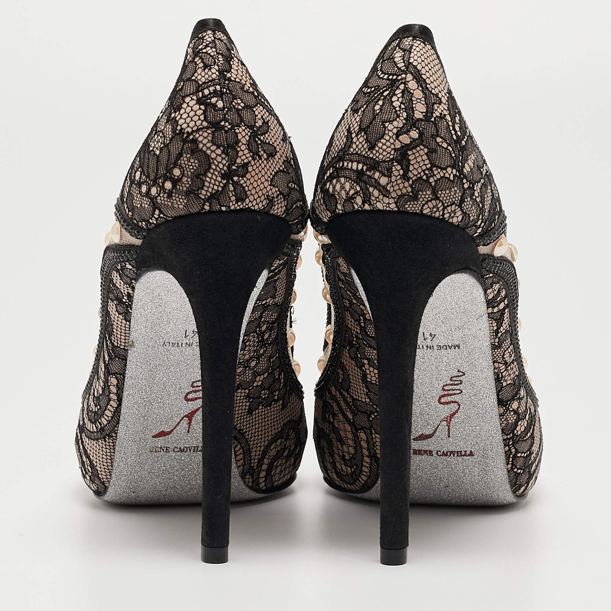 René Caovilla Noir Dentelle Perles Embellies Plateforme Peep Toe Pompes Taille 41 en vente 1