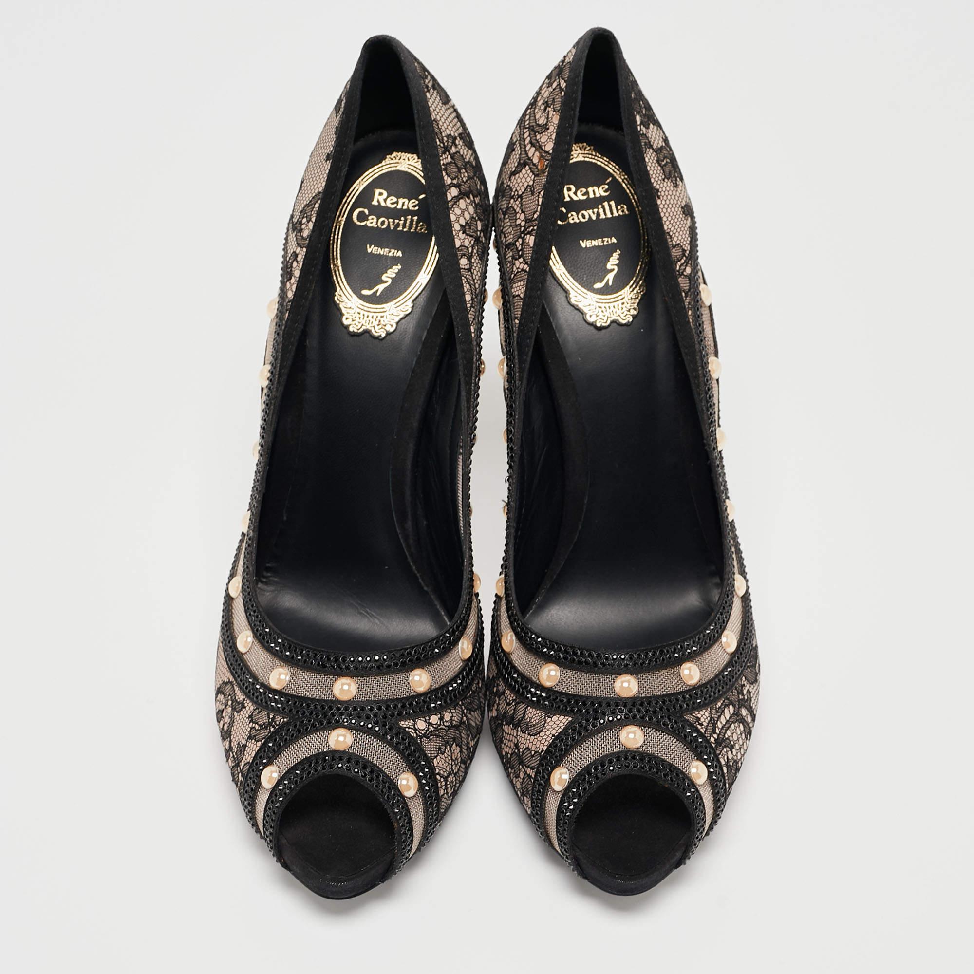 René Caovilla Black Lace Pearls Embellished Platform Peep Toe Pumps Size 41 2
