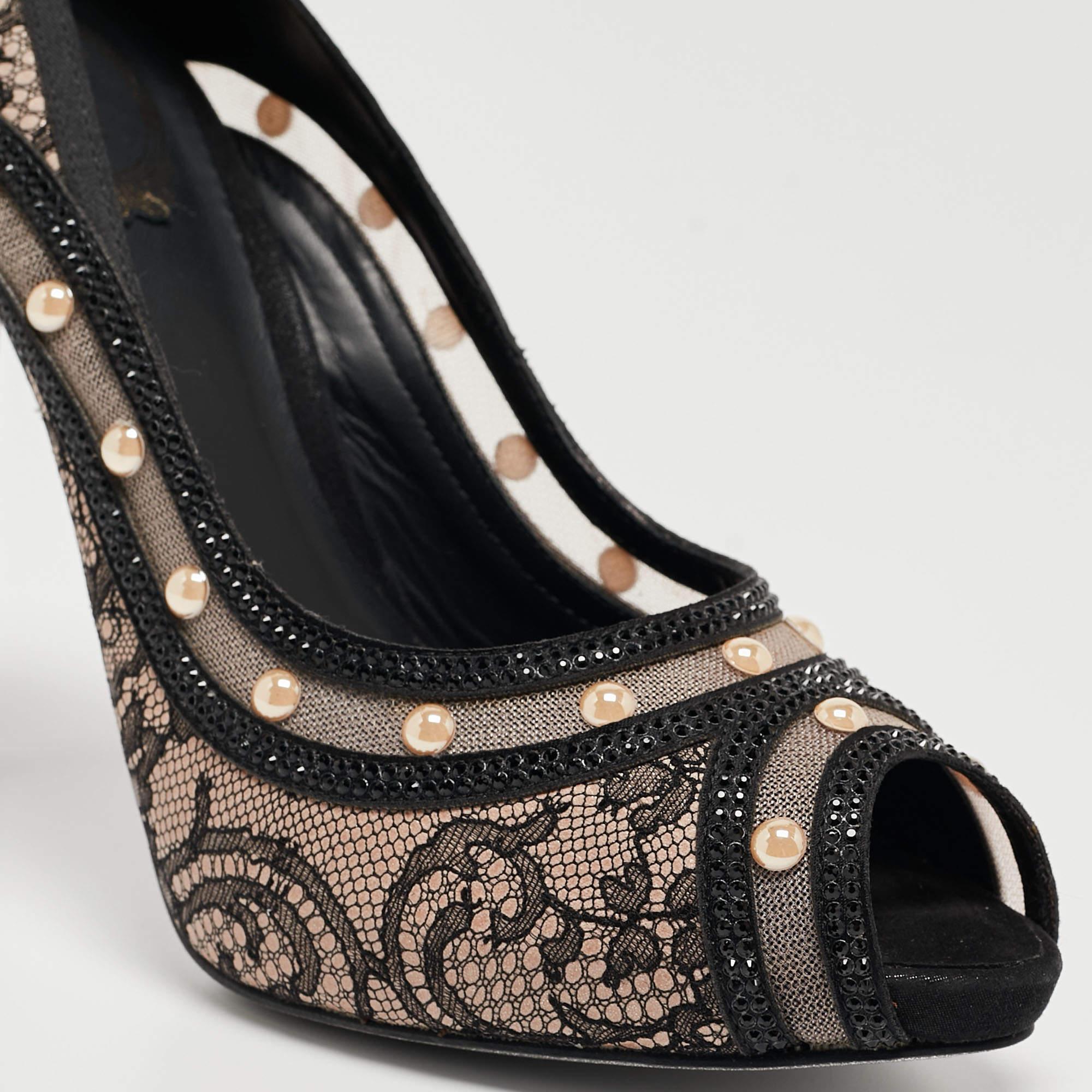 René Caovilla Black Lace Pearls Embellished Platform Peep Toe Pumps Size 41 3