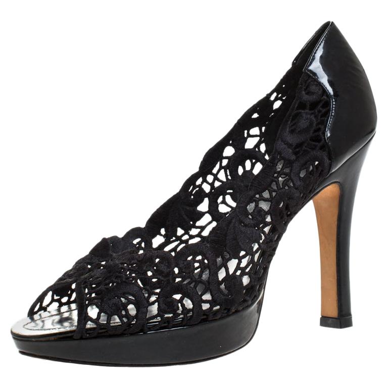 Rene Caovilla Black Lace Peep Toe Pumps Size 39